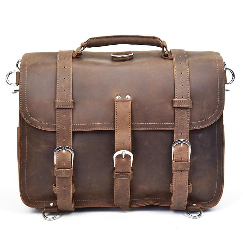 a brown leather briefcase with straps