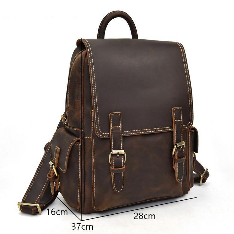 a brown leather backpack with sizes and measurements