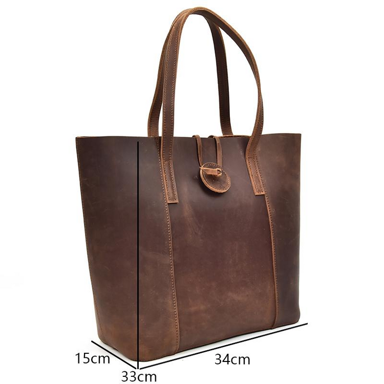 a brown leather bag with sizes and measurements