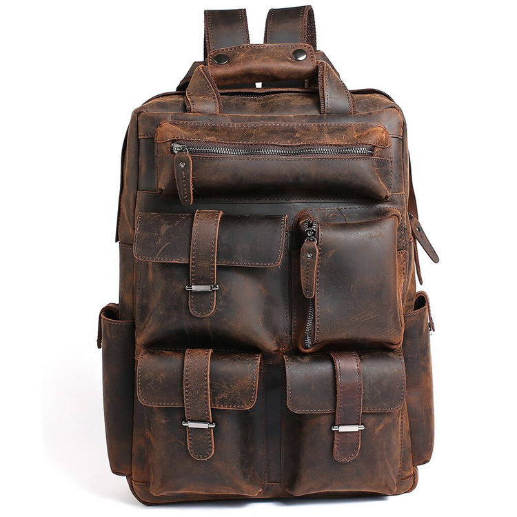 a brown backpack with pockets