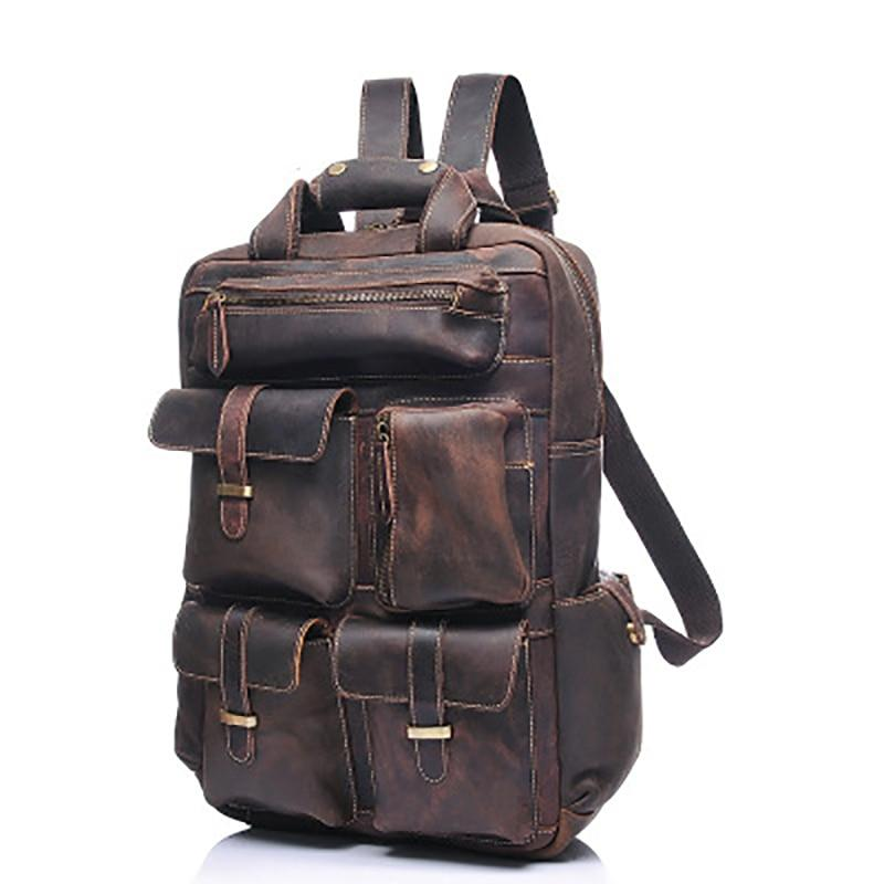 a brown backpack with many pockets