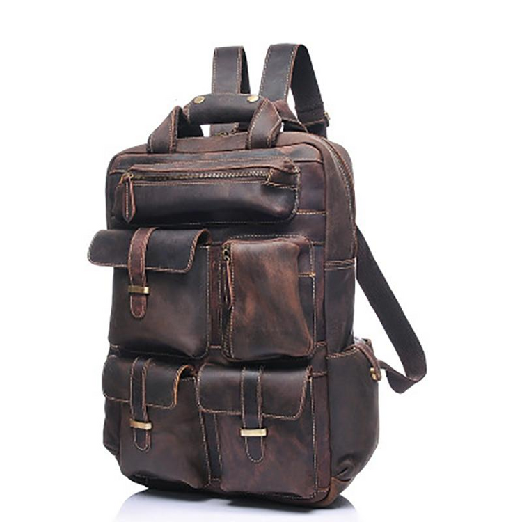 a brown backpack with many pockets