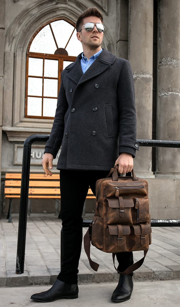 a man in a coat holding a brown bag