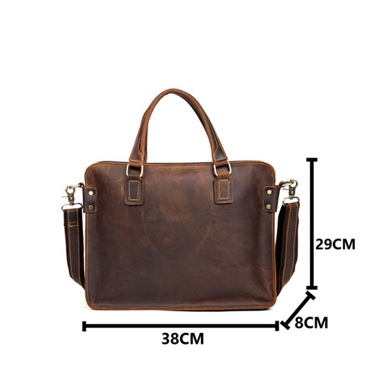 a brown leather bag with a size of it