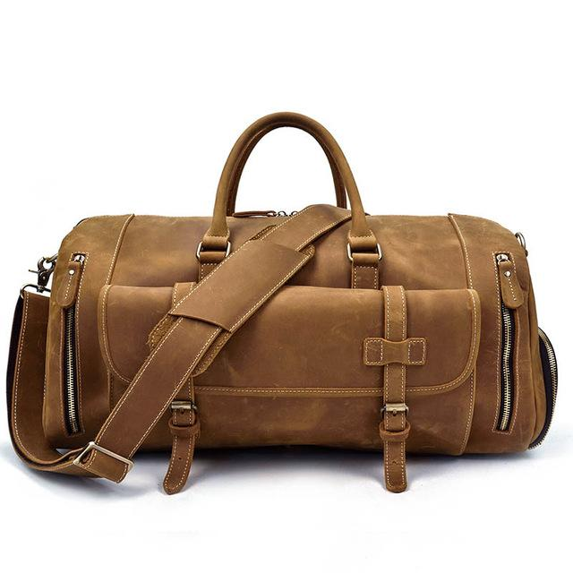 a brown duffel bag with straps