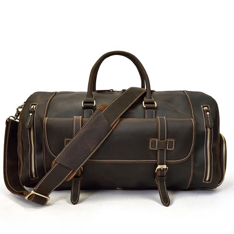 a brown duffel bag with a strap