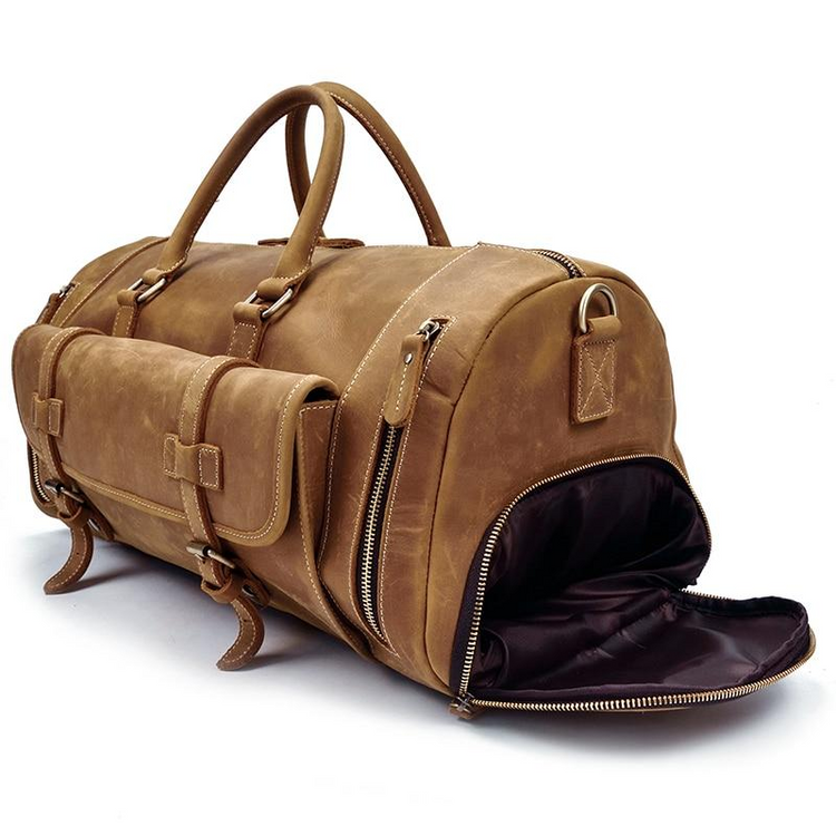 a brown duffel bag with a zipper