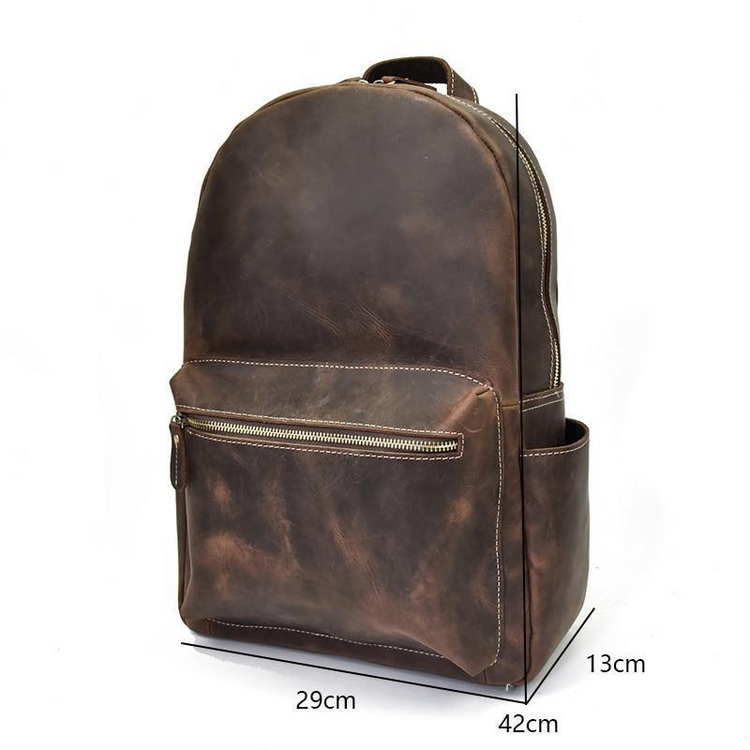 a brown backpack with size of it