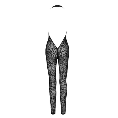 See Through Leopard Flock Halter Catsuit Noir Handmade