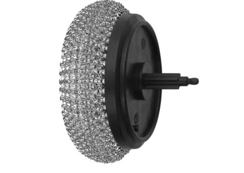 a circular metal mesh with a black handle