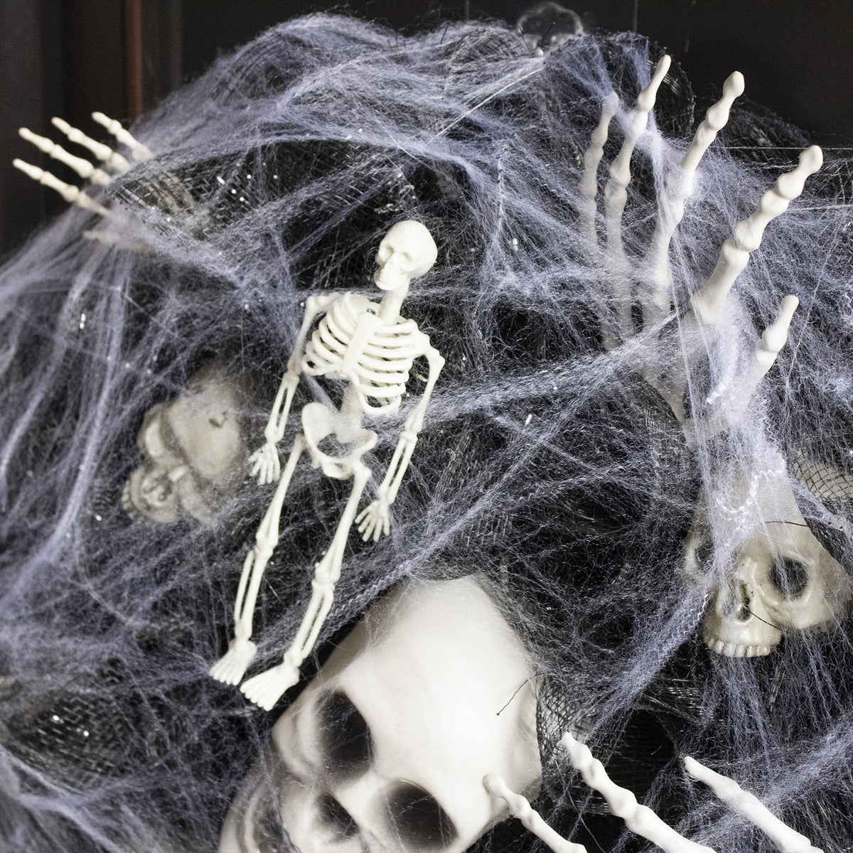 a group of skeletons in a spider web