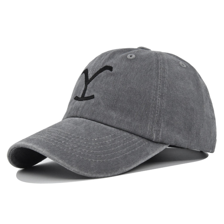 a grey hat with a black y on it