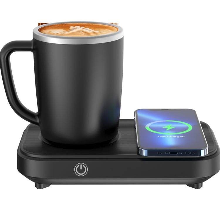 a cup of coffee and a phone on a charging pad