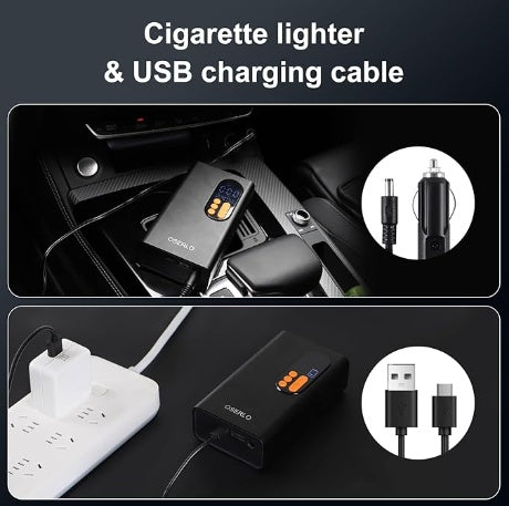a collage of a cigarette lighter and usb charging cable