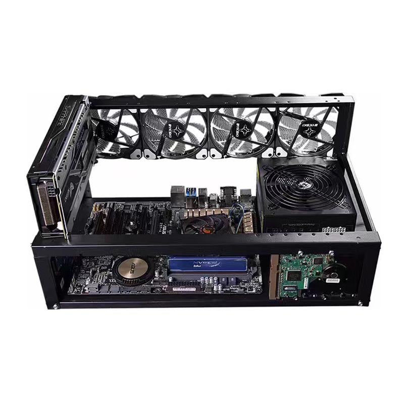 a black computer case with fans