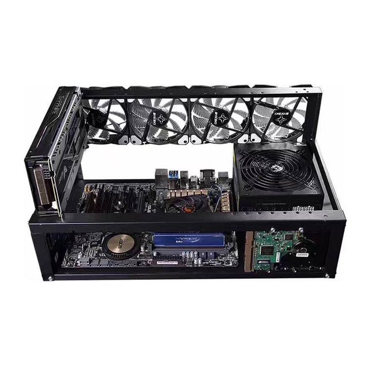 a black computer case with fans