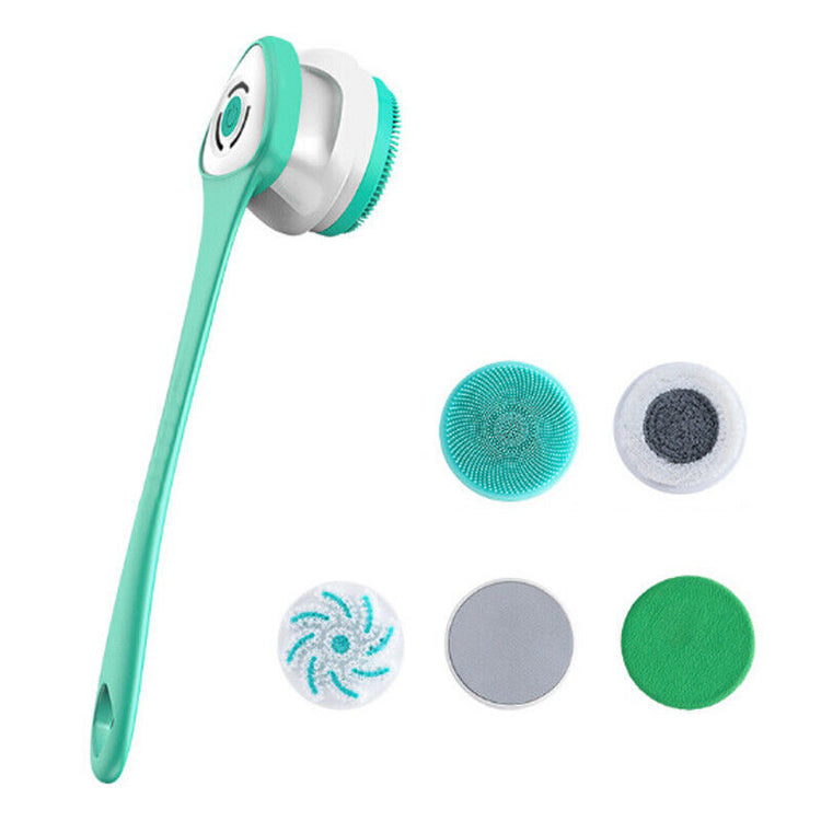 a blue and white brush with a white circle and green circle