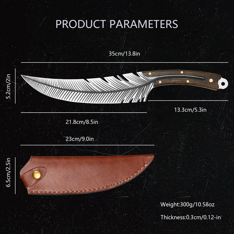 a knife with a feather handle and a leather case