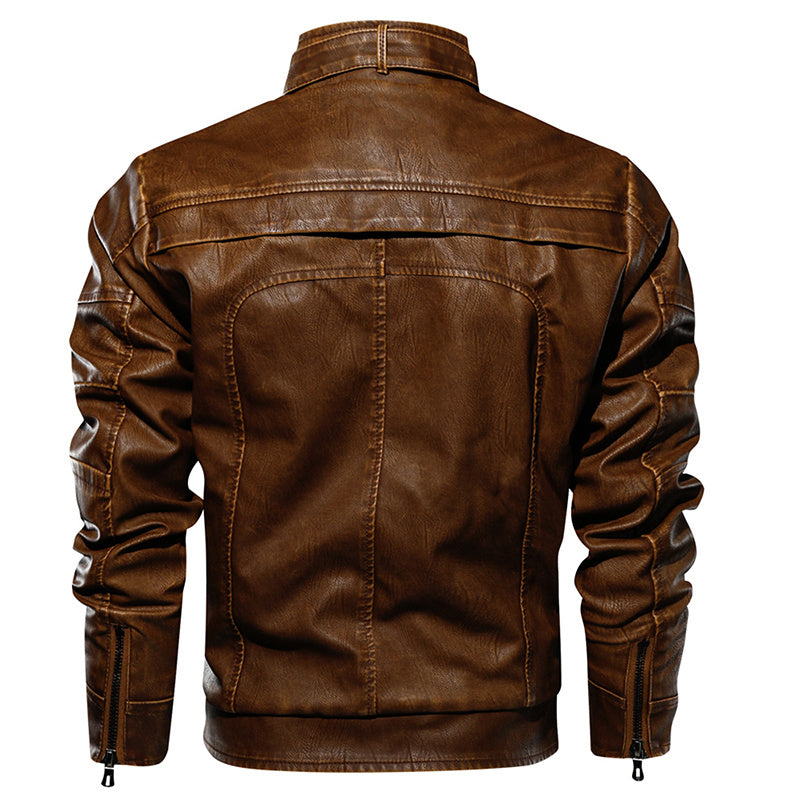 a brown leather jacket with zippers
