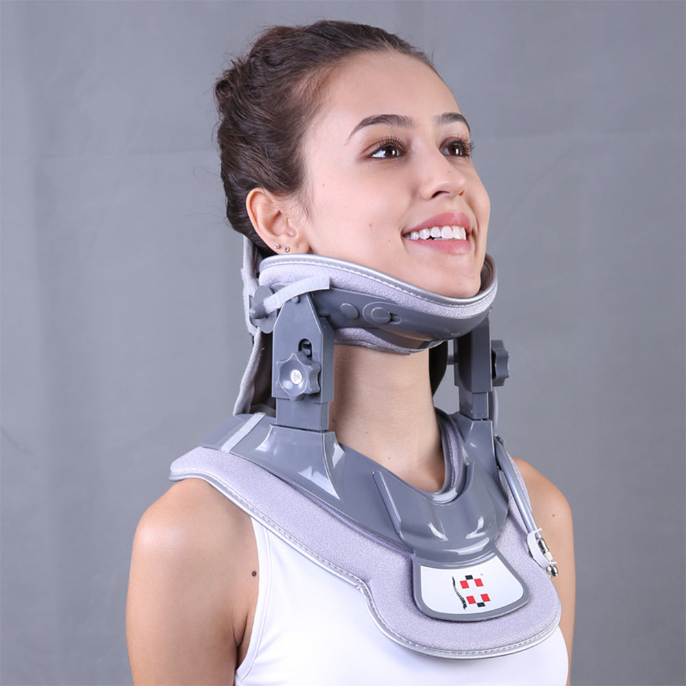 a woman wearing a neck brace