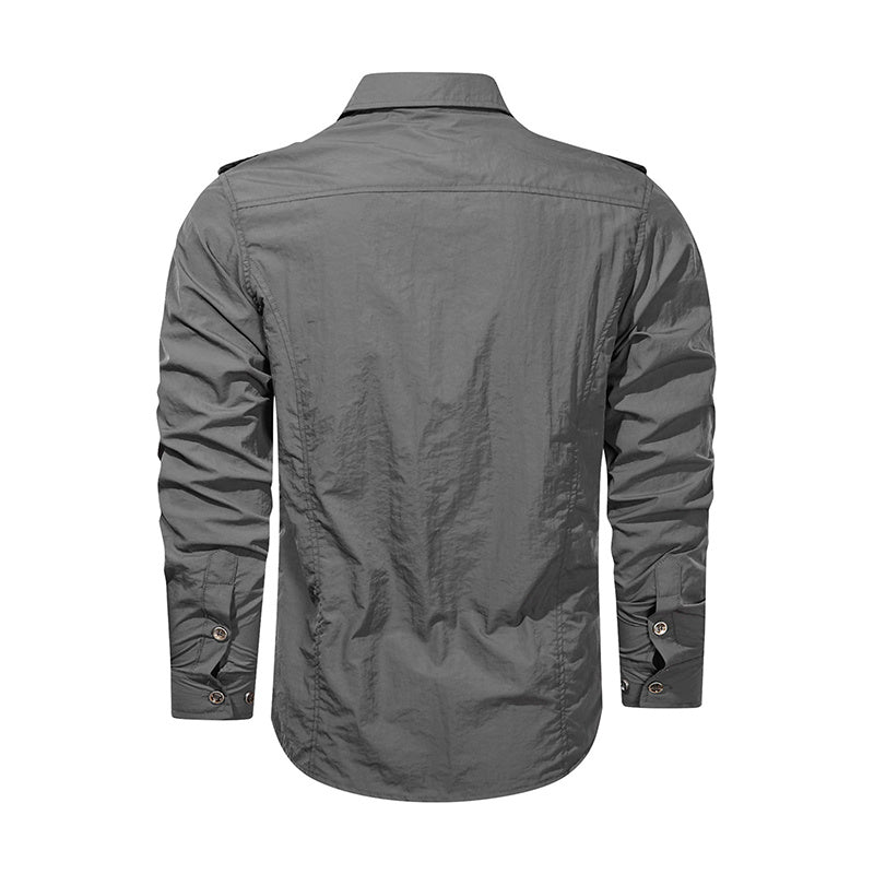 a grey shirt with buttons