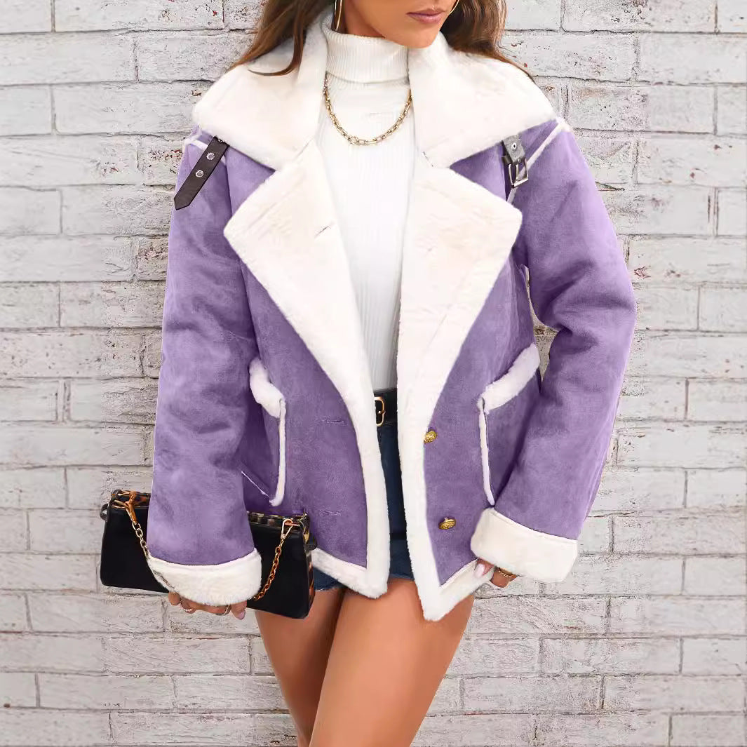 a woman in a purple coat