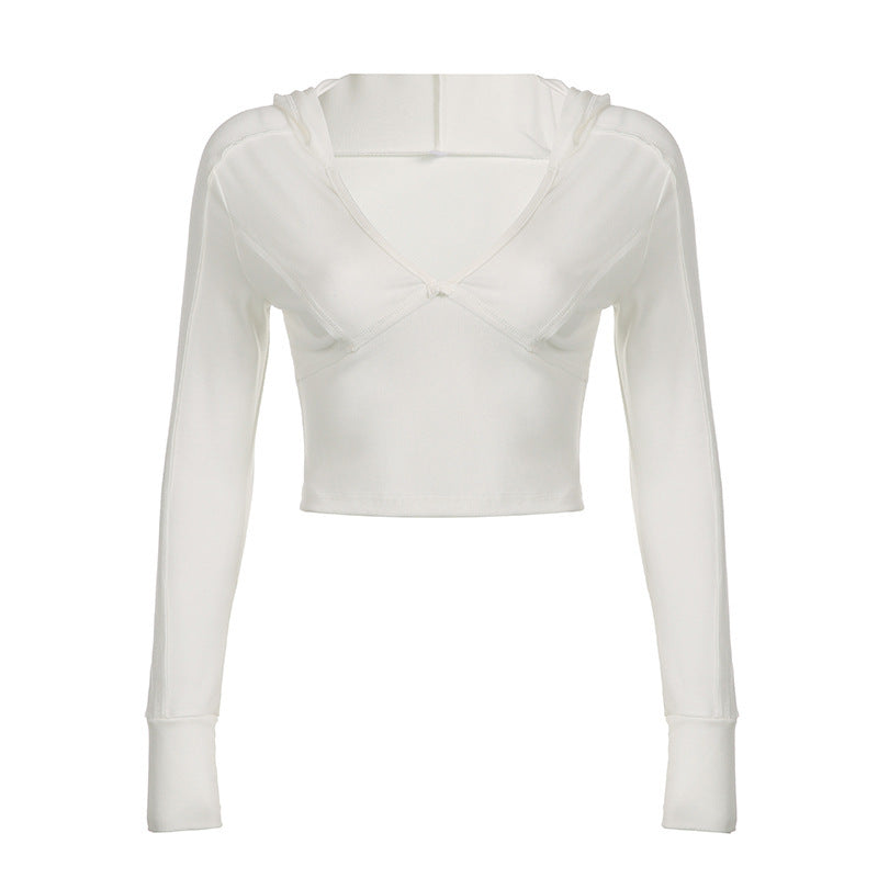 Hooded Low-cut V-neck Thin Slim-fit Base Top With A Slimming Temperament, Short Car And Long Sleeves
