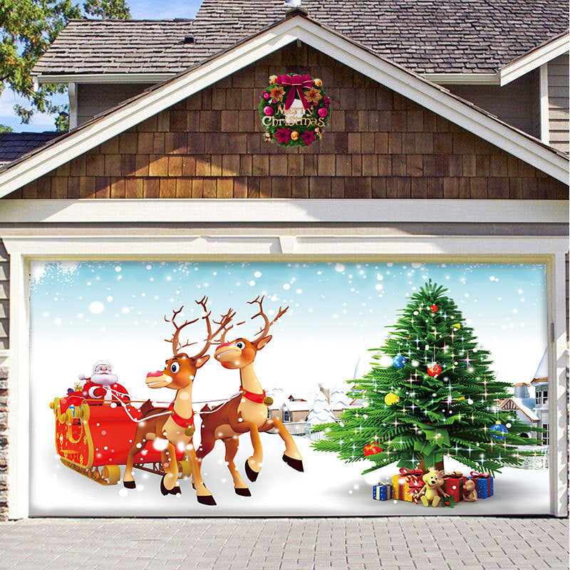a garage door with a christmas scene
