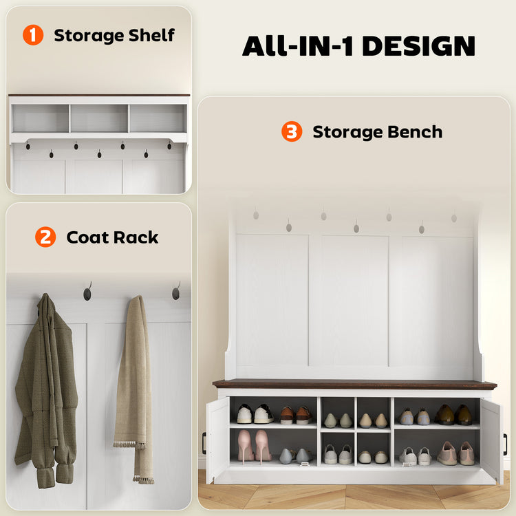 a shoe rack with shoes and coat rack