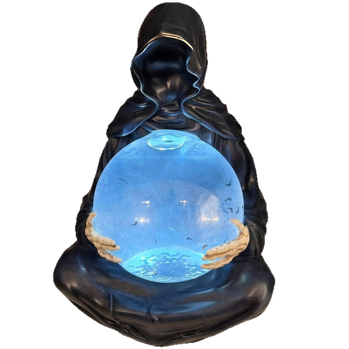 a statue of a person holding a blue sphere