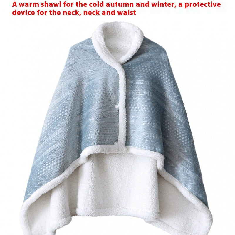 a blue and white poncho with a white trim