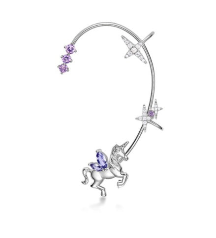 a silver earring with a unicorn and stars