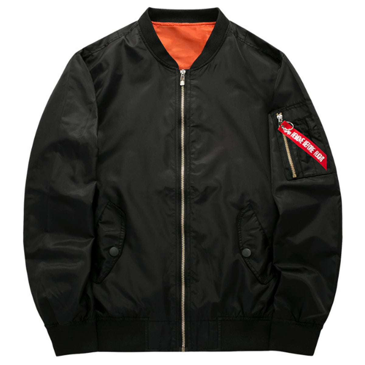 a black jacket with a red patch on it