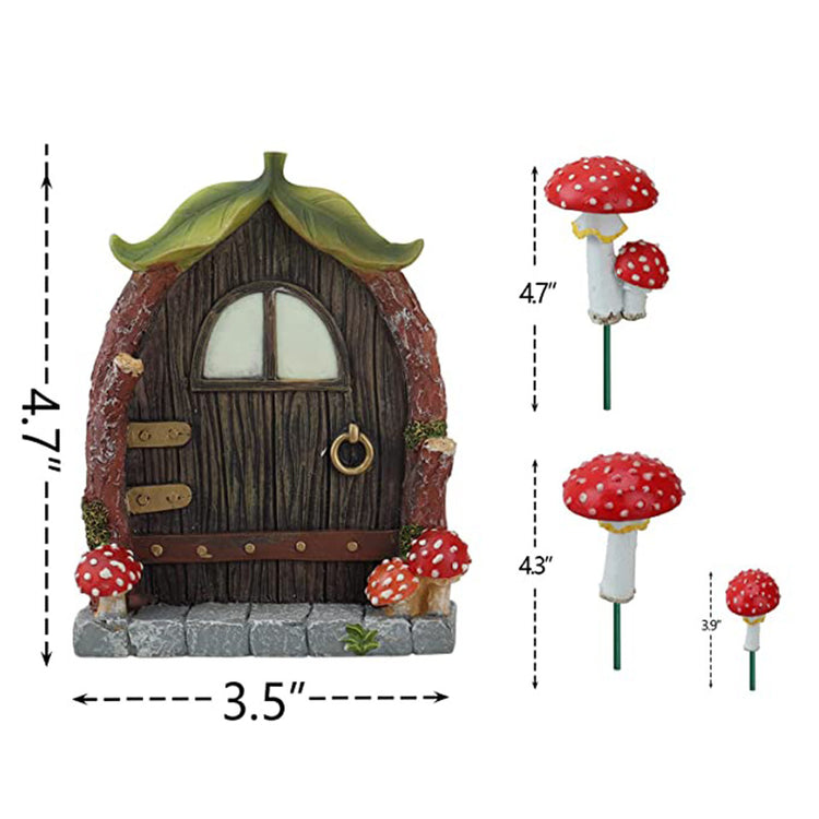 a small wooden door with red mushrooms and sizes