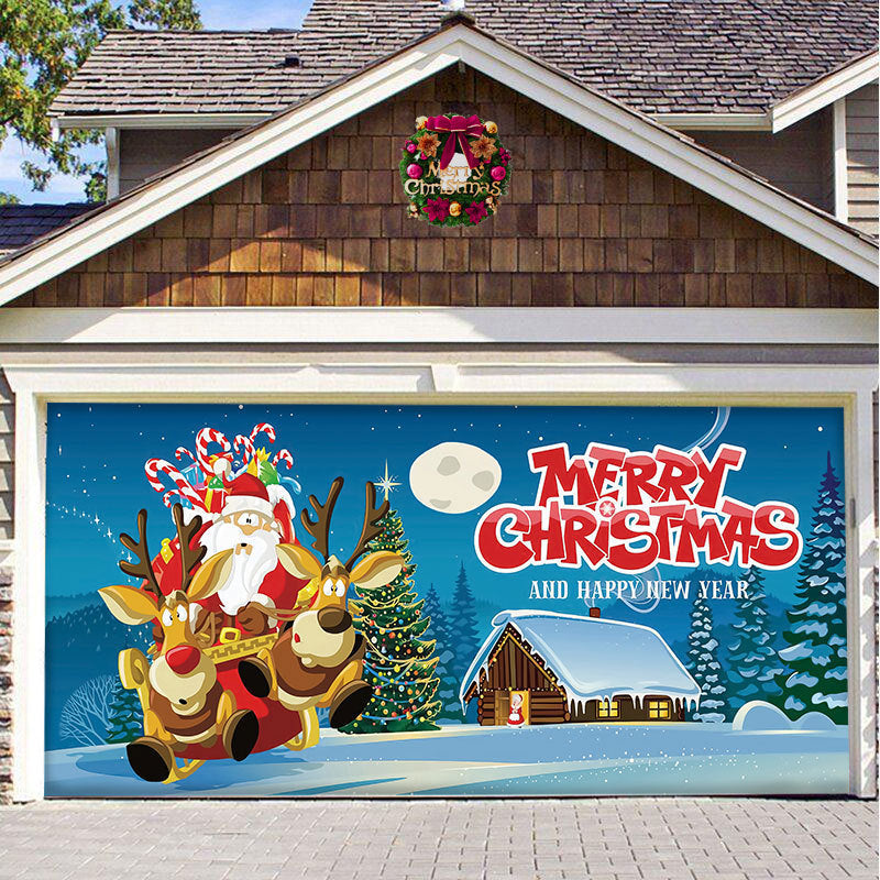 a garage door with a christmas scene