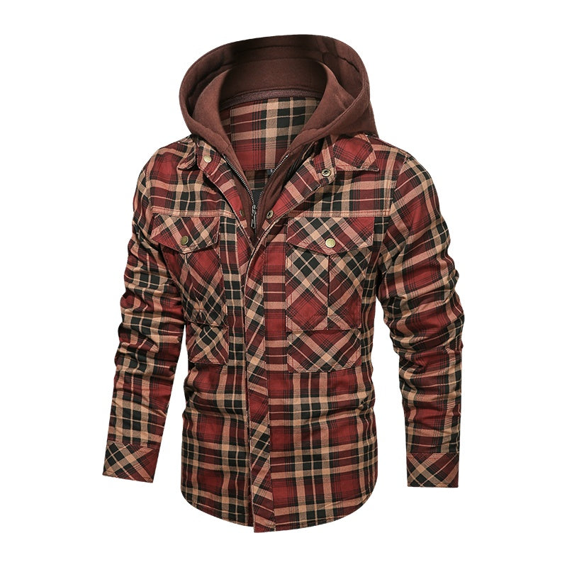 a red and black plaid jacket