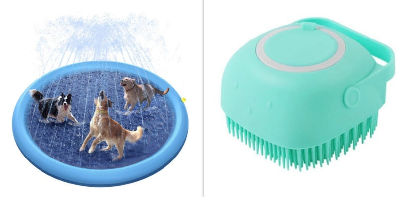 a dog in a pool with a brush