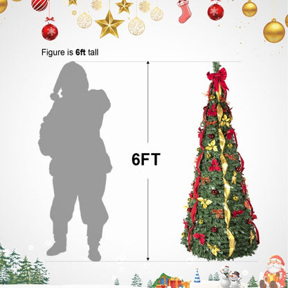 Prelit Full Pop Up Christmas Tree With Warm LED Lights, Gold And Red Ribbon, Bows, Balls Ornaments Easy Assemble Collapsible Xmas Trees Holiday Party Decor