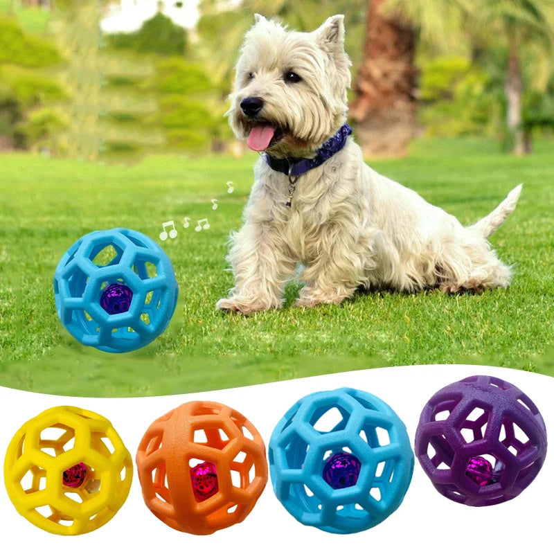 a dog sitting on grass with colorful balls