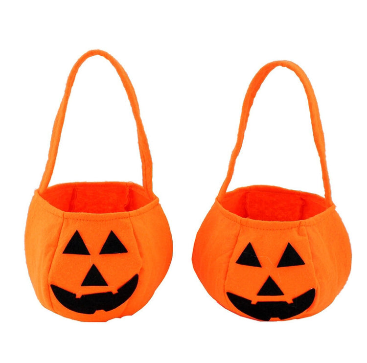 two orange baskets with black faces