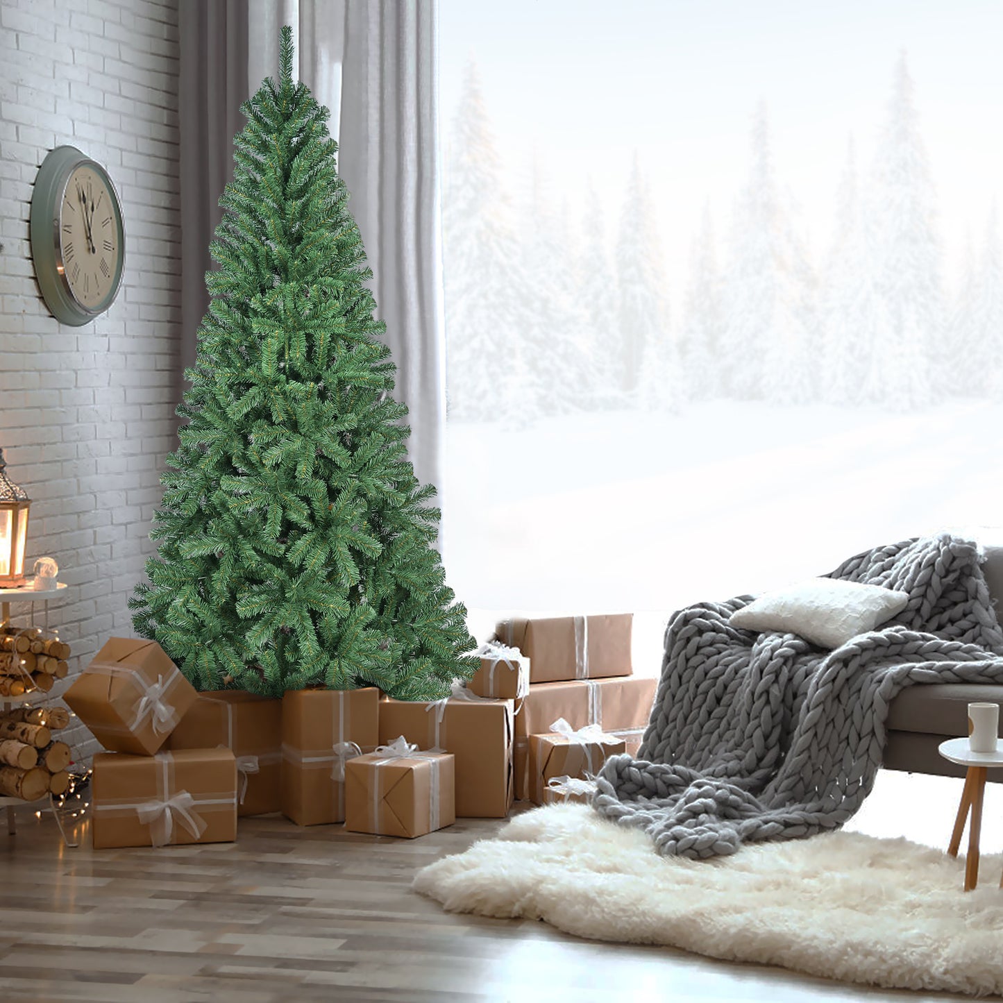 Unlit Artificial Christmas Tree, Green Xmas Tree And Folding Metal Stand For Indoor Holiday Decoration