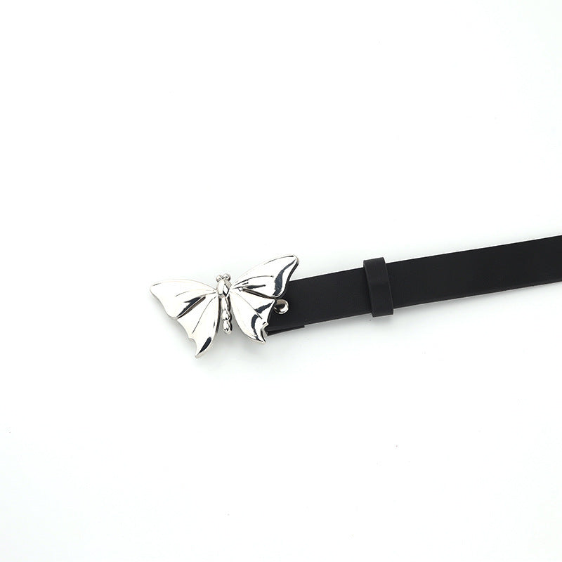 a black belt with a silver butterfly buckle