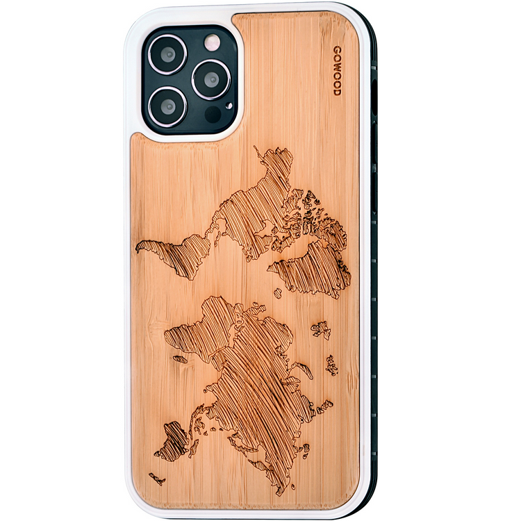 a cell phone case with a world map engraved on it