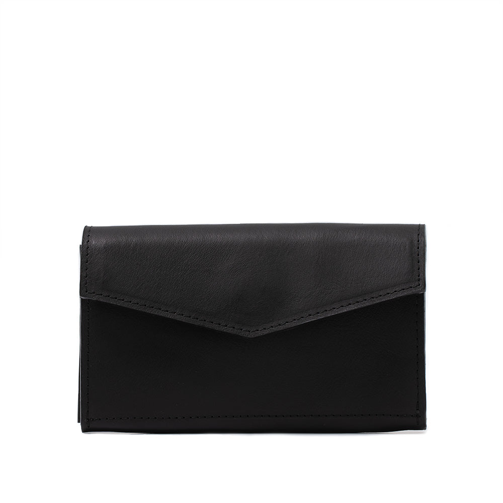 a black leather wallet with a white background