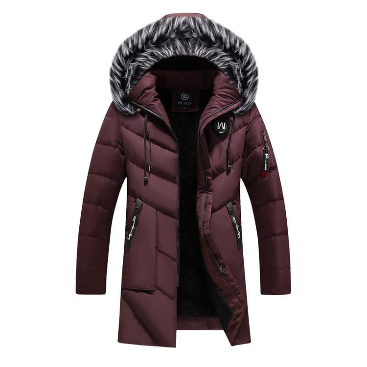 a long maroon coat with a fur hood