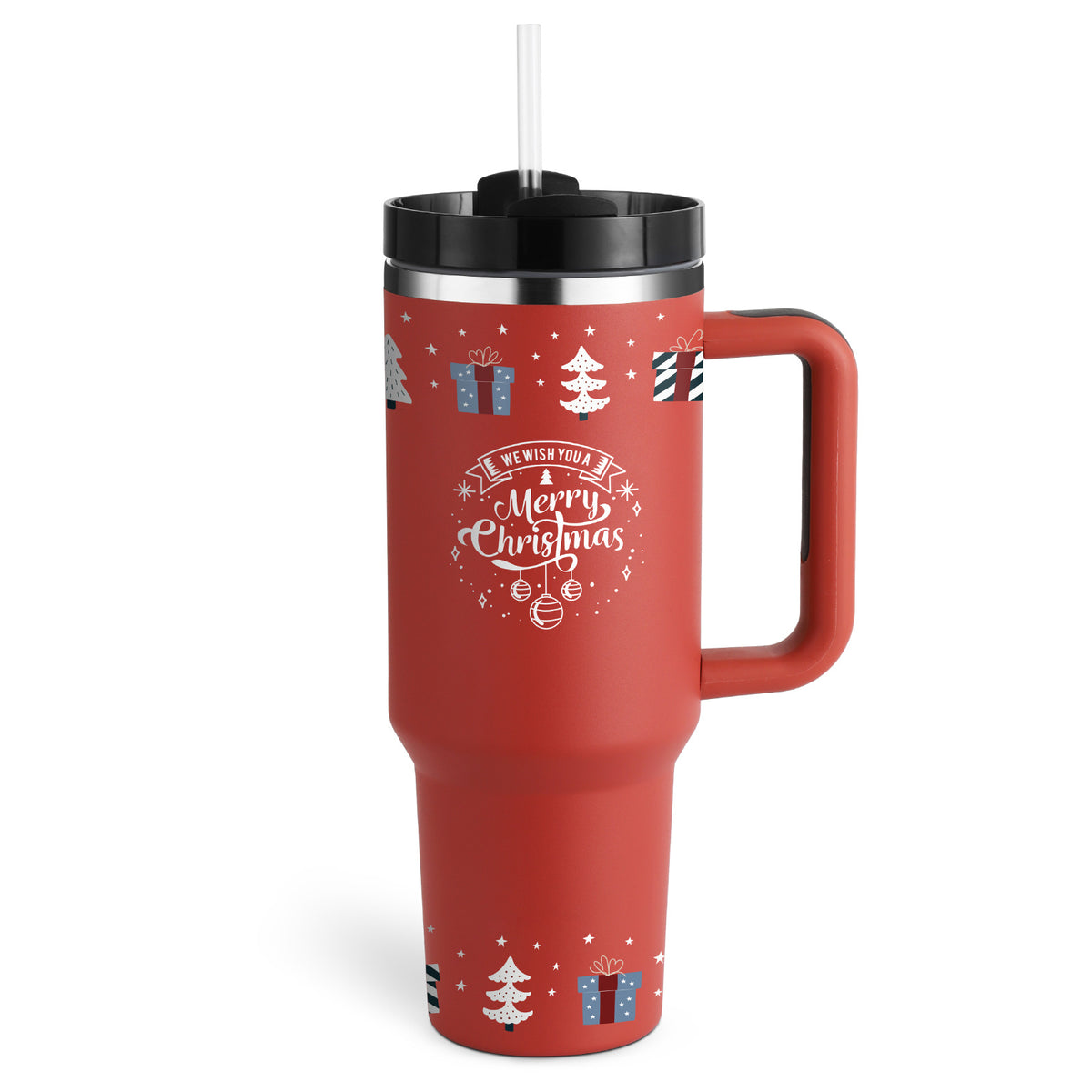 a red and black travel mug with a straw