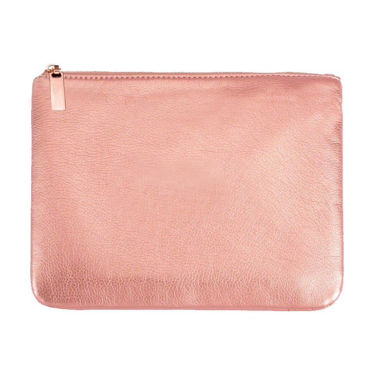 a pink leather pouch with zipper
