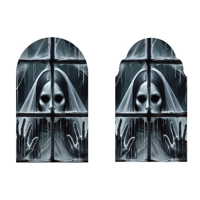 a woman in a white veil looking through a window