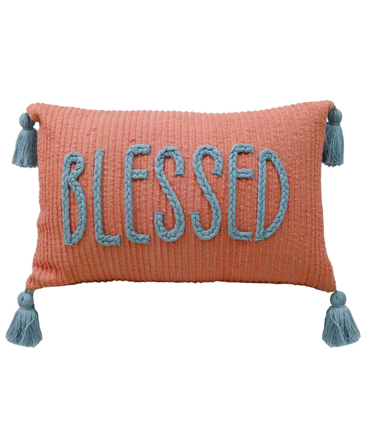 a pillow with a word on it