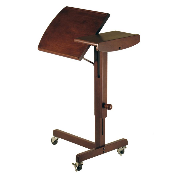 a wooden desk with wheels